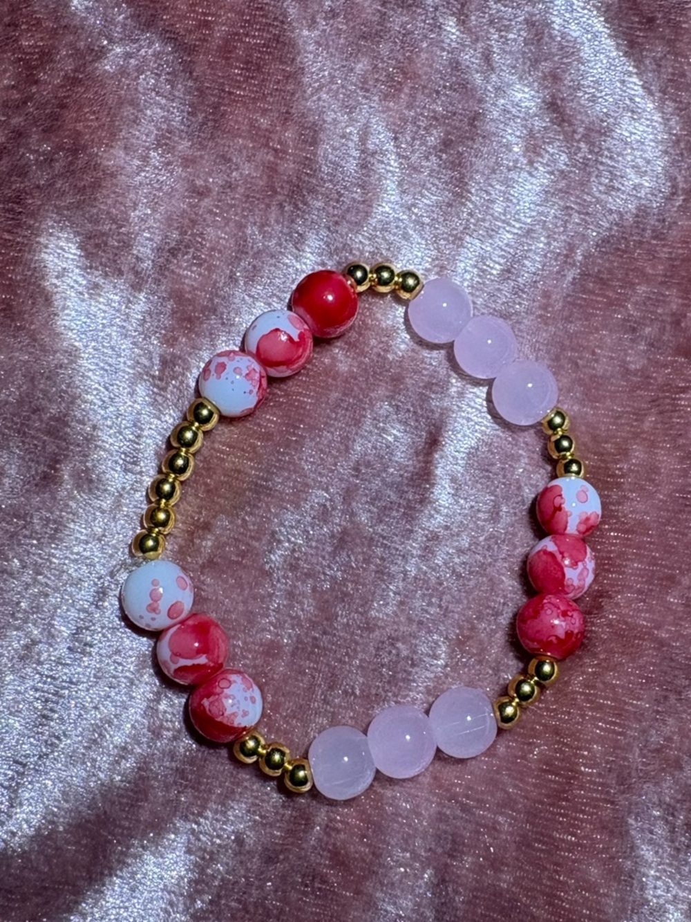 Pink, Red & White Beaded Stretch Bracelet with Gold Accents - Picture 2 of 2
